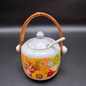 Royal Crown Floral Montage by Kitty Jam Pot Honey Jar with Spoon Japan 3632